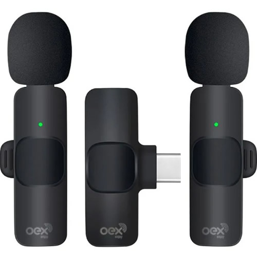 Microfone Lapela Duplo s/ Fio Preto OEX (USB-C) - Imagem 01