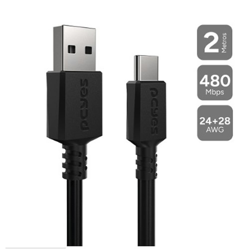 Cabo USB 2.0 A Macho X USB-C Macho 2.0m Pcyes Preto - Imagem 01
