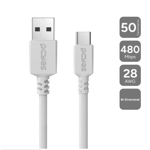 Cabo USB 2.0 A Macho X USB-C Macho 0,50m Pcyes Branco - Imagem 01