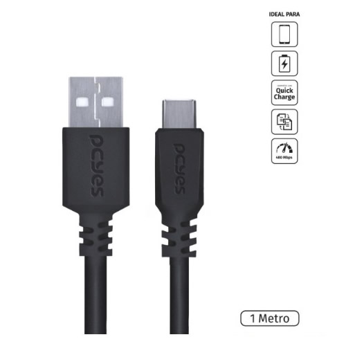 Cabo USB 2.0 A Macho X USB-C Macho 1,0m 5V 3A Pcyes Preto - Imagem 01