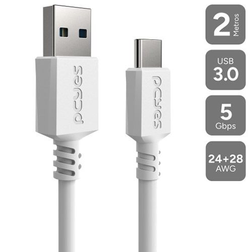 Cabo USB 3.0 A Macho X USB-C Macho 2,0m Pcyes Branco - Imagem 01