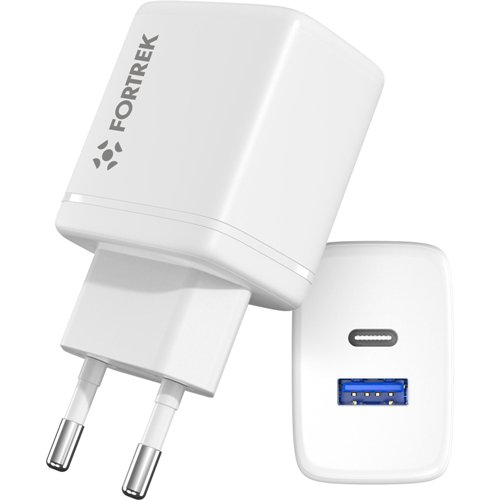 Carregador USB Fortrek FK110B Branco c/ 2 (USB+USB-C) s/ Cabo - Imagem 01