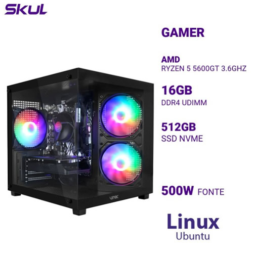 Computador Skul (Ryzen 5 5600GT, Mem 16Gb, SSD 512Gb, Fonte 500w Pfc Ativo, Ubuntu) - Imagem 01