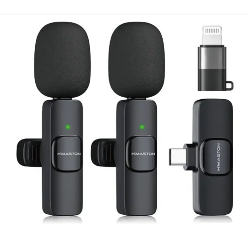 Microfone Lapela s/ Fio Preto Hmaston (Kit c/ 2 - USB-C+ Adaptador Lightning  - Imagem 01