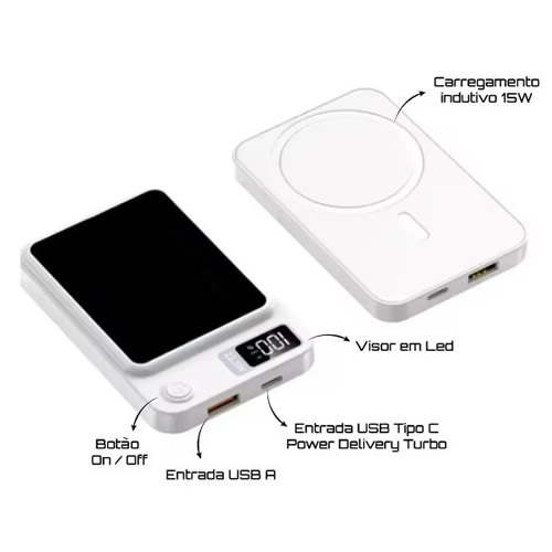 Bateria Port�ril USB s/ Fio Magn�tico Power Bank 10.000Mah Preto Gold - Imagem 02