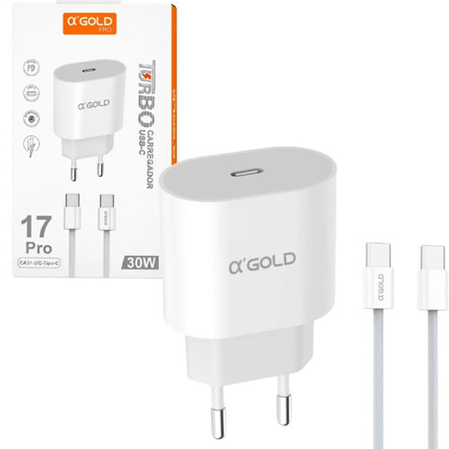 Carregador USB-C Agold 30w c/ Cabo USB-C Branco - Imagem 01