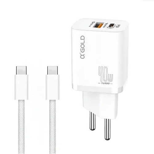Carregador USB Agold 40W 9.1A (USB+ USB-C) c/ Cabo USB-C Branco - Imagem 01