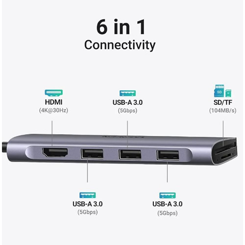 Hub USB-C 3 Portas USB A + 1xHDMI + Leitor Cart�o SD/TF Ugreen - Imagem 02