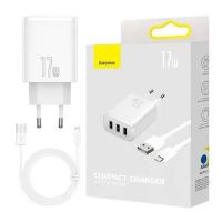 Carregador USB Baseus Compact Branco c/ 3 USB 2.4A 17W c/ Cabo Lightning