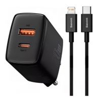 Carregador USB Baseus c/ 2 USB (USB e USB-C) 20w c/ Cabo Lightning Preto