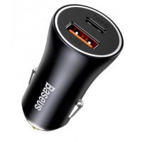 Carregador Veicular 2P (1P USB 30w / 1P USB-C 30w) Preto Baseus