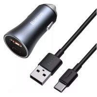 Carregador Veicular 2P (1P USB 20w / 1P USB-C 20w) c/ Cabo USB-C Lightning Preto Baseus