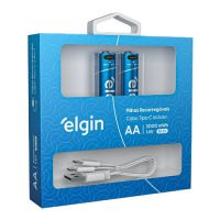 Pilhas Recarregáveis Elgin 2AA 2000Mwh c/ Cabo USB-C
